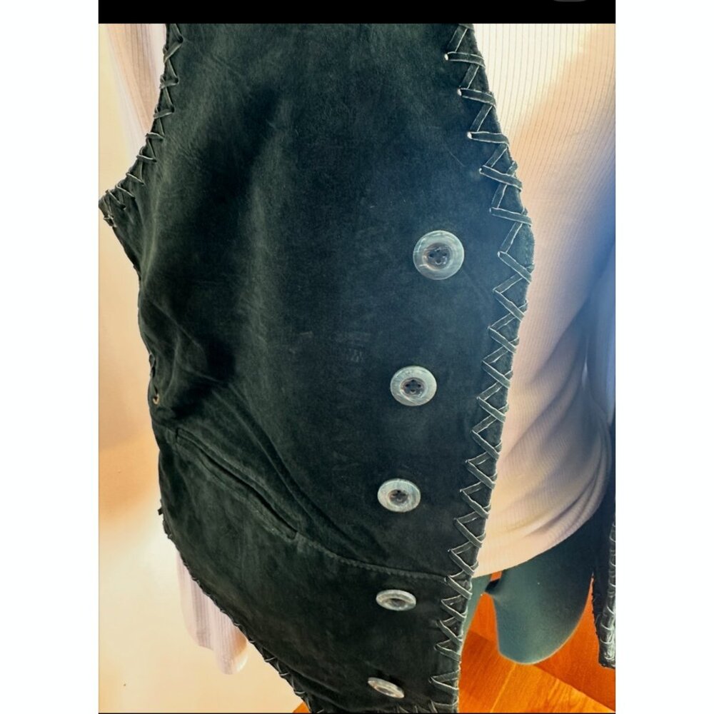 Green Genuine Suede-Leather Vintage Whip-Stitch Vest boho 80s biker unisex M - Picture 4 of 15
